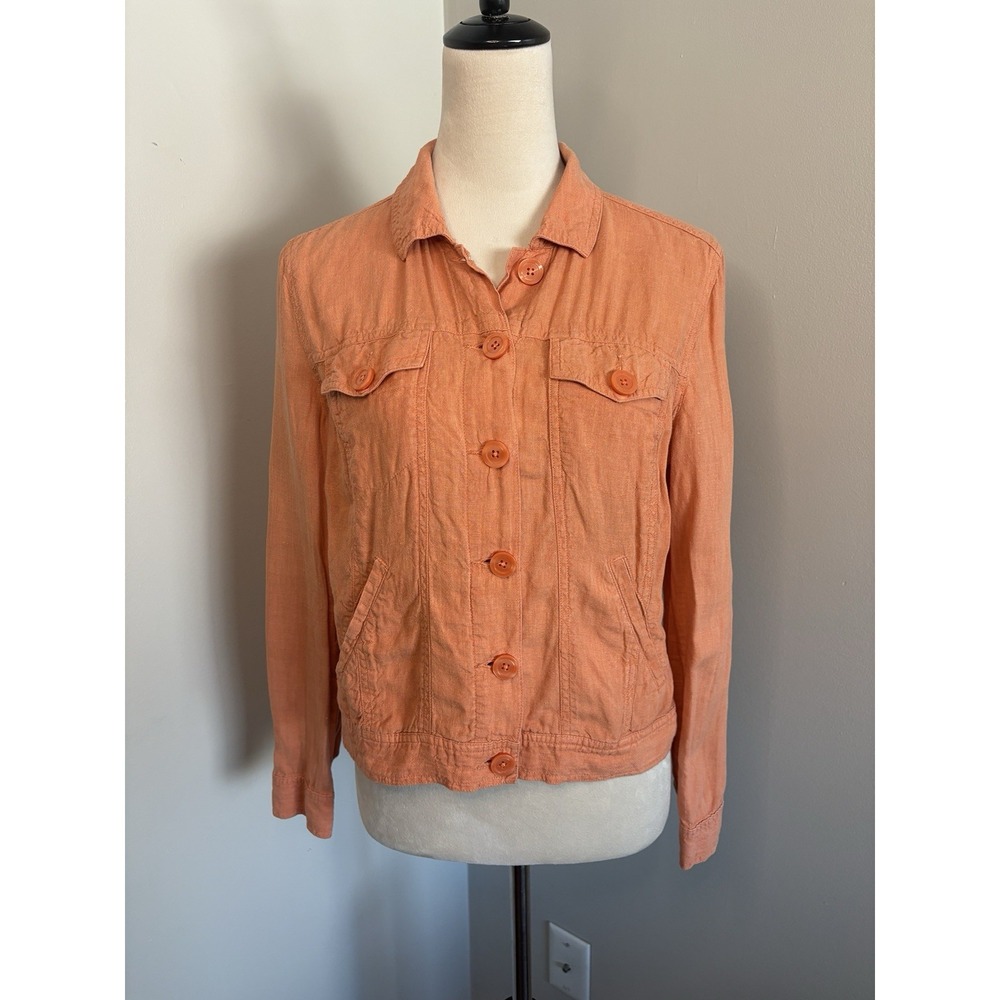 Linden Hill 100% Linen Jacket Small S Coral Orange Trucker Utility Shirt Shacket